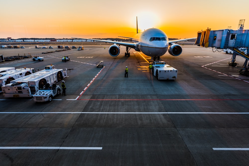 Cargo aircraft on the tarmac at sunset